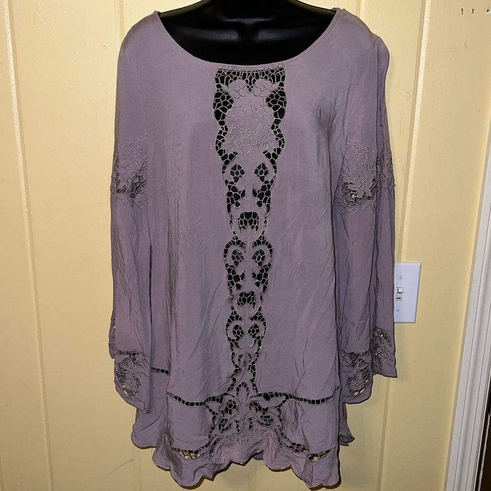 Kori America Brown Mauve Crochet Lace Trim Boho Long Wide Sleeve Tunic Size L